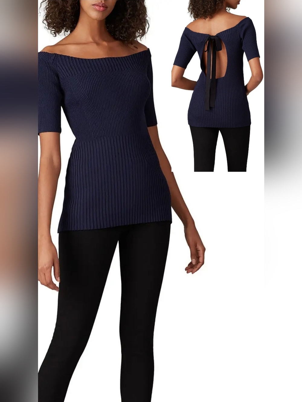 Jason Wu Navy Ribbed Tie Back Short Sleeve Sweater Top Medium